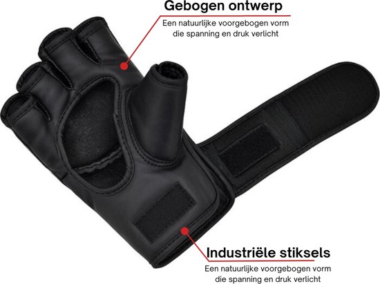 Gants de MMA noirs avec design courbé et coutures industrielles pour moins de tension.