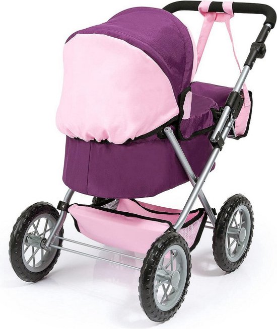 Paarse poppenwagen met roze kap en mandje, vier wielen.