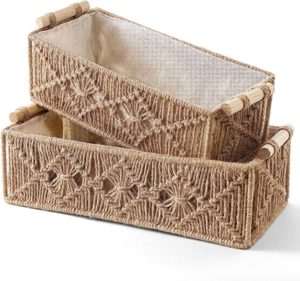 Panier Rangement Bohème Tissé Main - Coton Et Bois, 30x14x10 Cm, Beige