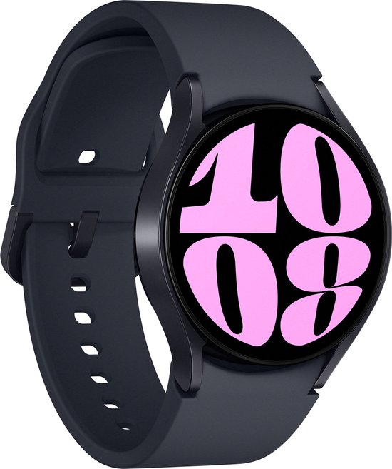 Samsung Galaxy Watch6 in grafietkleur, met een zwarte band en een roze wijzerplaat met grote cijfers.