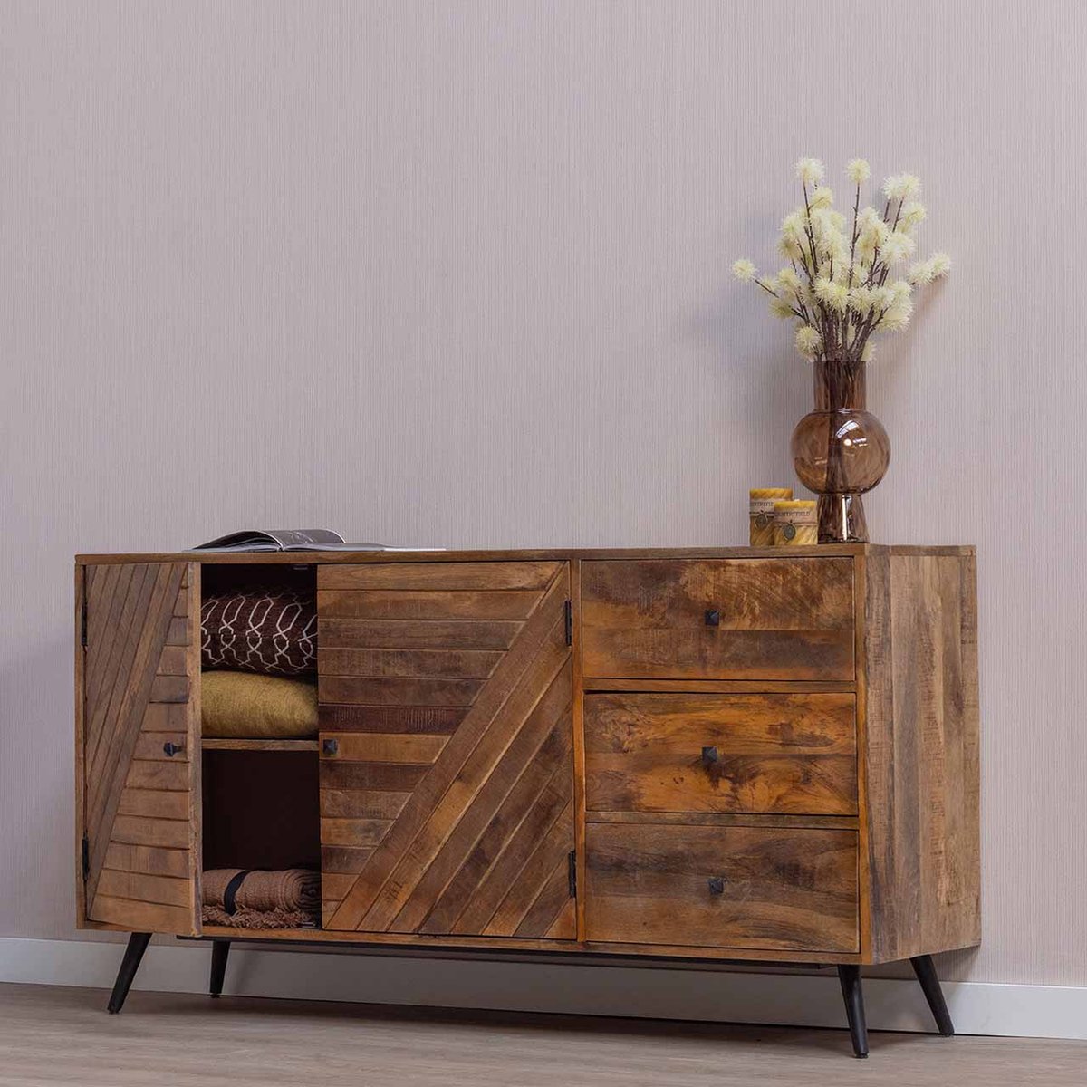 Mangohouten Dressoir Alamo 165 cm Mahom Industrieel - Dressoir van Mangohout & Metaal - Industriële Dressoir