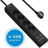 Voomy Stekkerdoos 8-Voudig - Aan/Uit Schakelaar - 4 USB Poorten - 4 Stopcontacten - Zwart