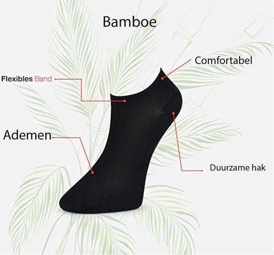Zwarte bamboesok met labels: 'Flexibles Band', 'Ademen', 'Comfortabel', 'Duurzame hak'.