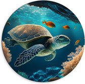 Dibond Muurcirkel - Cartoon van Zeeschildpad Zwemmend in Grotten op Zeebodem - 60x60 cm Foto op Aluminium Muurcirkel (met ophangsysteem)