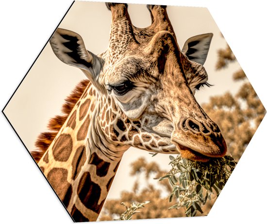 Dibond Hexagon - Close-up van Giraffe Etend van Hoge Boom - 80x69.6 cm Foto op Hexagon (Met Ophangsysteem)