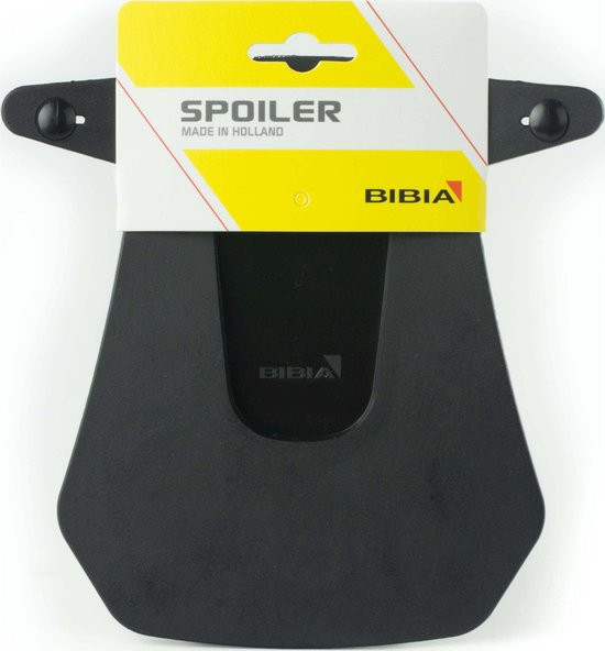 Zwarte Bibia spatlap met verpakking met 'SPOILER MADE IN HOLLAND BIBIA' in geel en wit.
