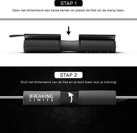 Illustratie van halterstang pad: Stap 1 open klittenband, Stap 2 sluit klittenband.