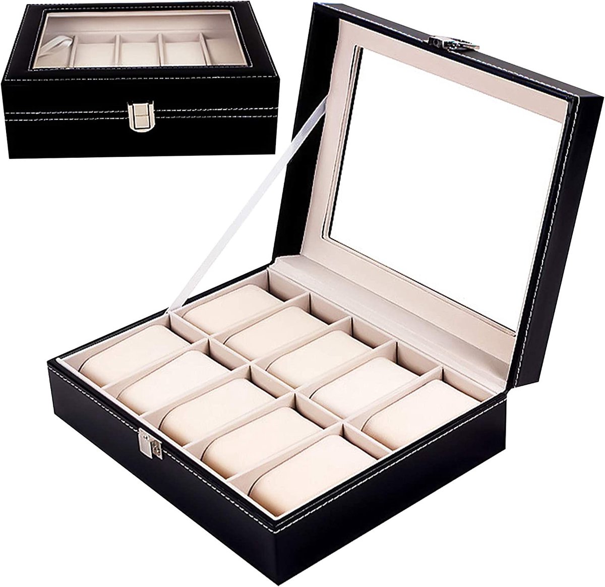 Horlogedoos met 12 vakken, horlogekast met glazen deksel, horlogekoffer met uitneembare horlogekussens, PU-bekleding in zwart, fluwelen voering in beige, met slot, 30 x 20 x 8 cm