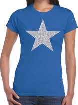 Zilveren ster glitter t-shirt blauw dames - shirt glitter ster zilver XXL