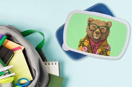 Lunch box Blauw - Lunch box - Boîte à pain - Ours - Couleurs - Verres - Animal - Fleurs - 18x12x6 cm - Enfants - Garçon