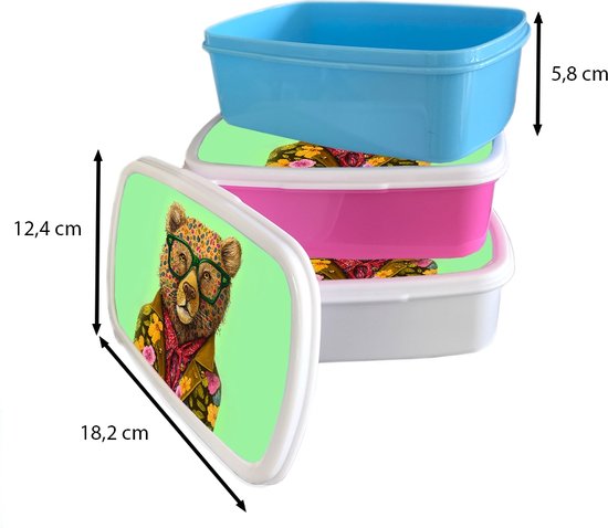 Lunch box Blauw - Lunch box - Boîte à pain - Ours - Couleurs - Verres - Animal - Fleurs - 18x12x6 cm - Enfants - Garçon