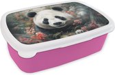 Lunch box Rose - Lunch box - Boîte à pain - Panda - Animaux sauvages - Fleurs - Nature - 18x12x6 cm - Enfants - Fille