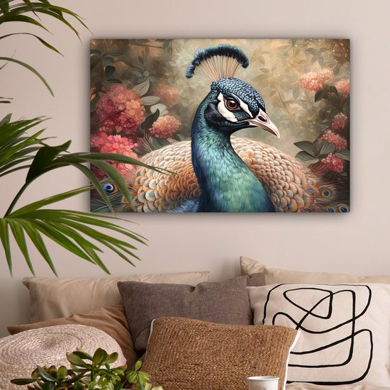 Peinture sur toile 90x60 cm - Décoration murale Paon - Vogel - Fleurs - Plantes - Plumes de paon - Décoration murale murale salon - Décoration chambre - Accessoires de chambre - Peintures