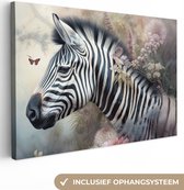 Canvas Schilderij Zebra - Wilde dieren - Vlinder - Bloemen - 120x80 cm - Wanddecoratie