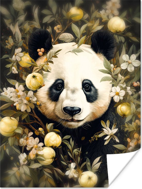 Poster Panda - Ours panda - Animaux sauvages - Nature - Fleurs - 60x80 cm