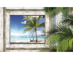 Fotobehang - Vlies Behang - 3D Tropisch Uitzicht op de Palmbomen en Zee door het Houten Raam - 312 x 219 cm
