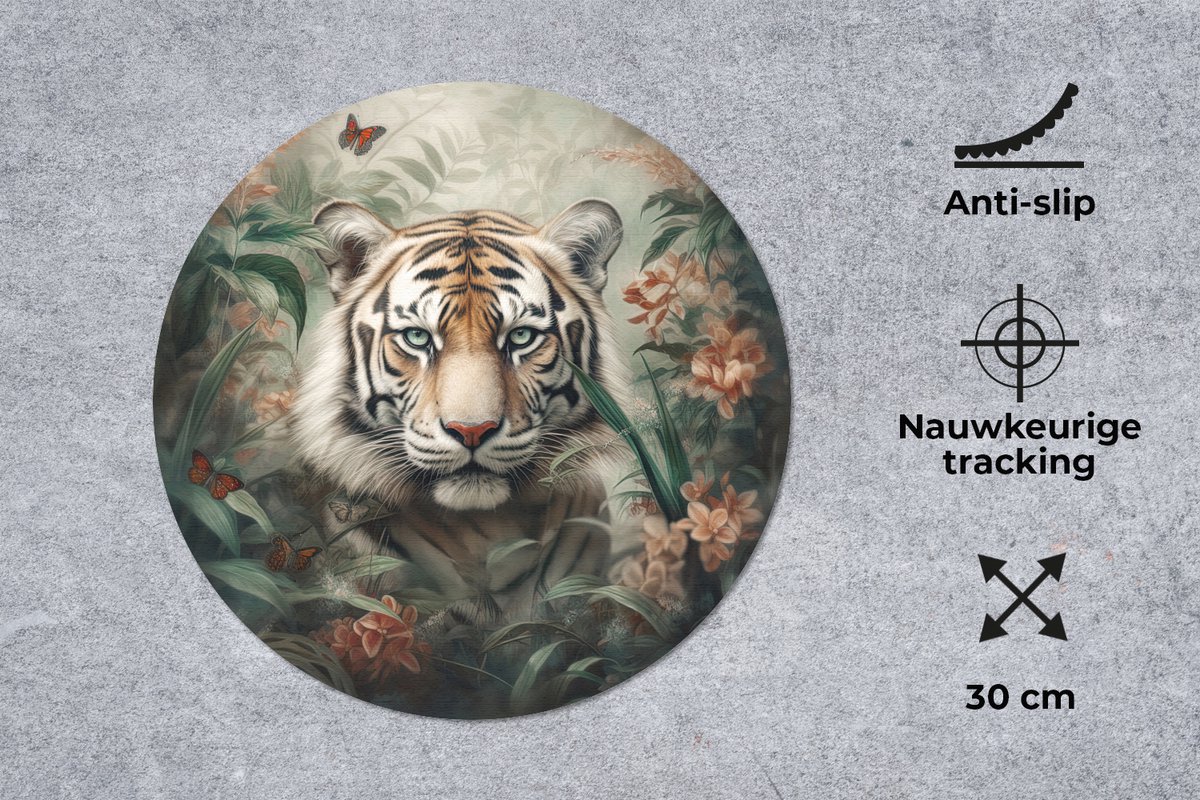 Muismat rond 30x30 cm - Mousepad Tijger - Vlinders - Dieren - Jungle - Bloemen - Ronde muismatten