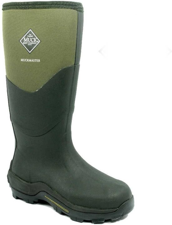 Groene Muck Boot Muckmaster laars met logo en witte rand bovenaan.