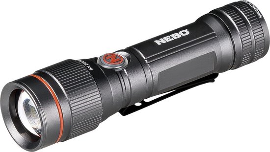 Grijze Nebo zaklamp met rode accenten, 6x zoom en magnetische basis.