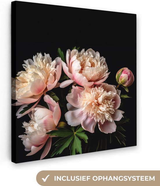 Canvas Schilderij Pioenrozen - Bloemen - Natuur - Roze - Wit - 50x50 cm - Wanddecoratie