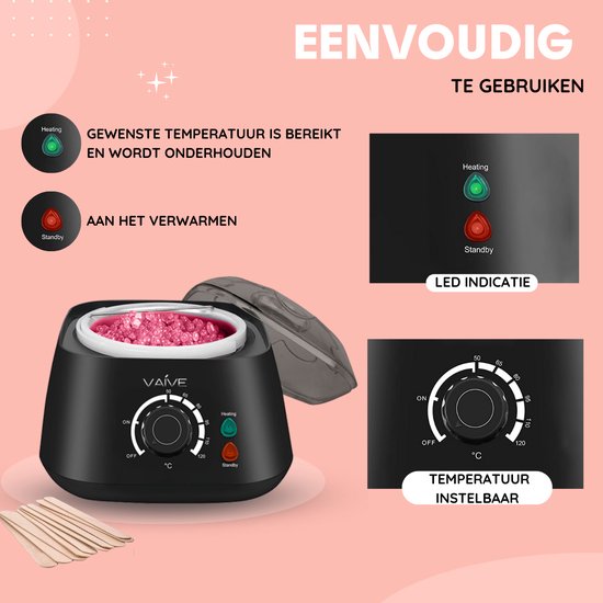 Zwarte waxverwarmer met roze waxbonen en knoppen voor verwarming en stand-by.