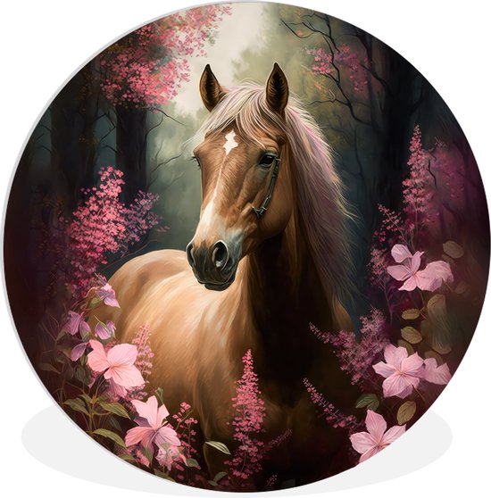 WallCircle® Wandcirkel 30x30 cm - Muurcirkel Paard - Bloemen - Roze - Natuur - Bos - Muurdecoratie woonkamer - Wanddecoratie slaapkamer - Kamer decoratie accessoires - Ronde schilderijen