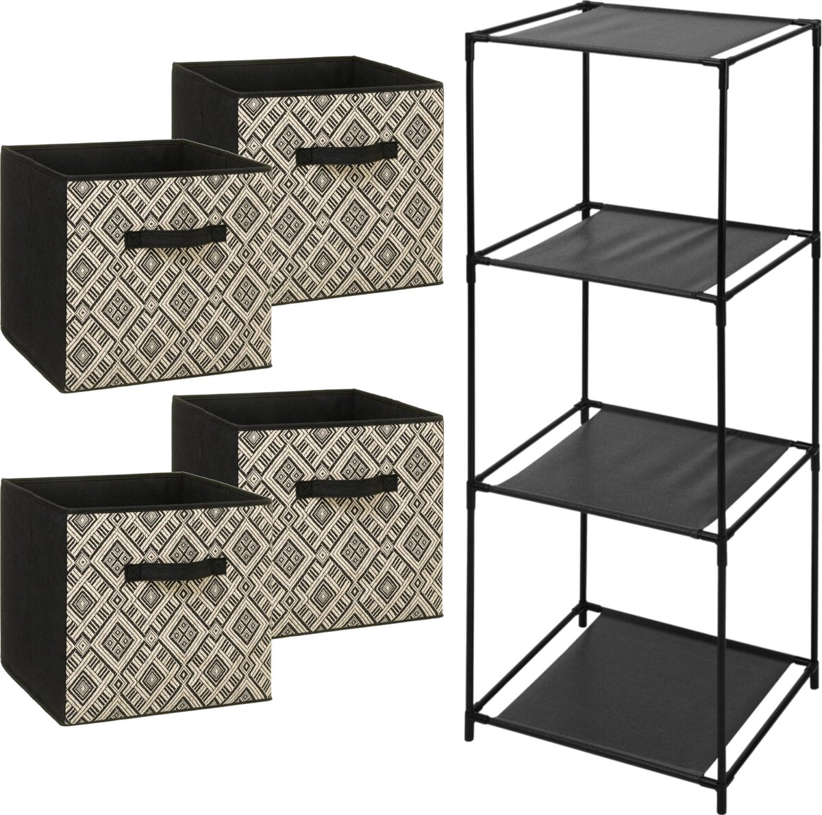 5Five Opbergrek Smartrack - met 4x mandjes stof - zwart/creme - 34 x 98 cm