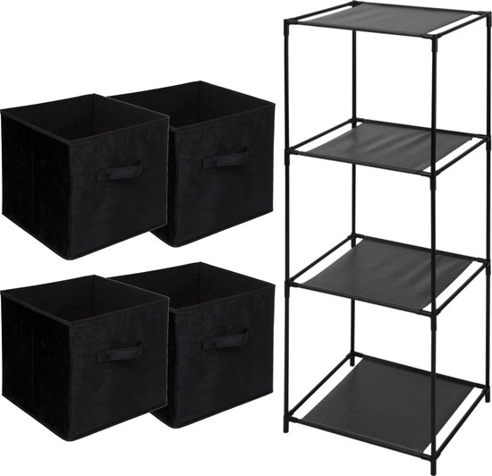 5Five Opbergrek Smartrack - met 4x mandjes stof - zwart - 34 x 98 cm