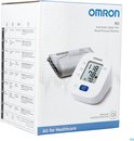 Omron M2 bloeddrukmeter met manchet en doos, met meertalige beschrijvingen.