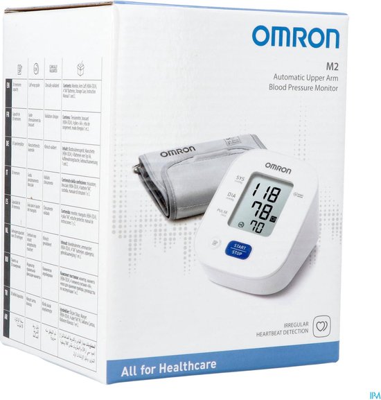 Omron M2 bloeddrukmeter met manchet en doos, met meertalige beschrijvingen.