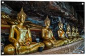 Tuinposter – Rijen Gouden Boeddha's in Wat Tham Khuha Sawan Tempel in Thailand - 90x60 cm Foto op Tuinposter (wanddecoratie voor buiten en binnen)