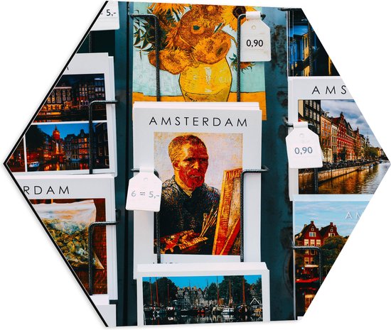 Dibond Hexagon - Amsterdamse Ansichtkaarten in het Rek - 50x43.5 cm Foto op Hexagon (Met Ophangsysteem)