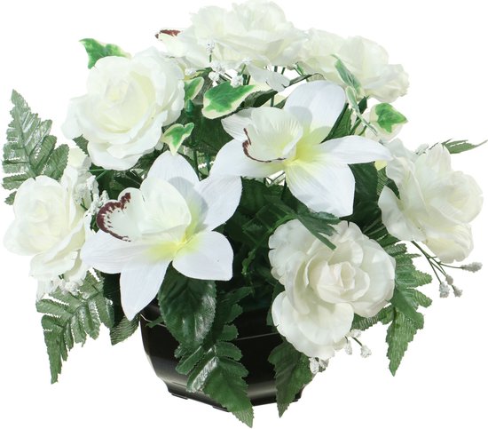 Louis Maes Plante Fleurs artificielles en pot - 2x - couleurs crème/blanc - 25 cm - Ornement de composition florale - orchidée/roses avec feuille verte