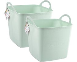 Plasticforte Kuip/emmer/wasmand - 2x - flexibel - lichtgroen - 43 liter - vierkant - kunststof - 40 x 40 x 44 cm