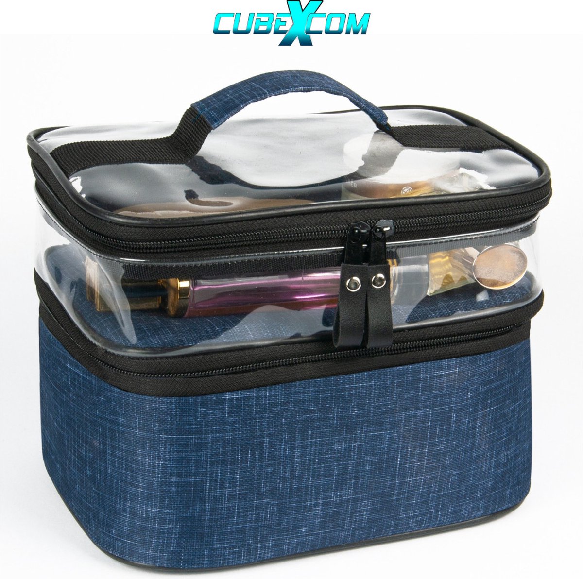 CUBEXCOM® Toilettas, Make Up Tasje, Make Up Koffer, Beautycase, Make Up Organizer, Make Up Tas, Toilettas Dames, Make Up Tas Organizer, Make Up Etui, Beautycase Koffer, Doorzichtige Toilettas, Transparante Toilettas, Moederdag Cade, 24x18x24CM, BLAUW