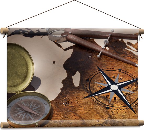 Textielposter - Kompas op Wereldkaart - 60x40 cm Foto op Textiel