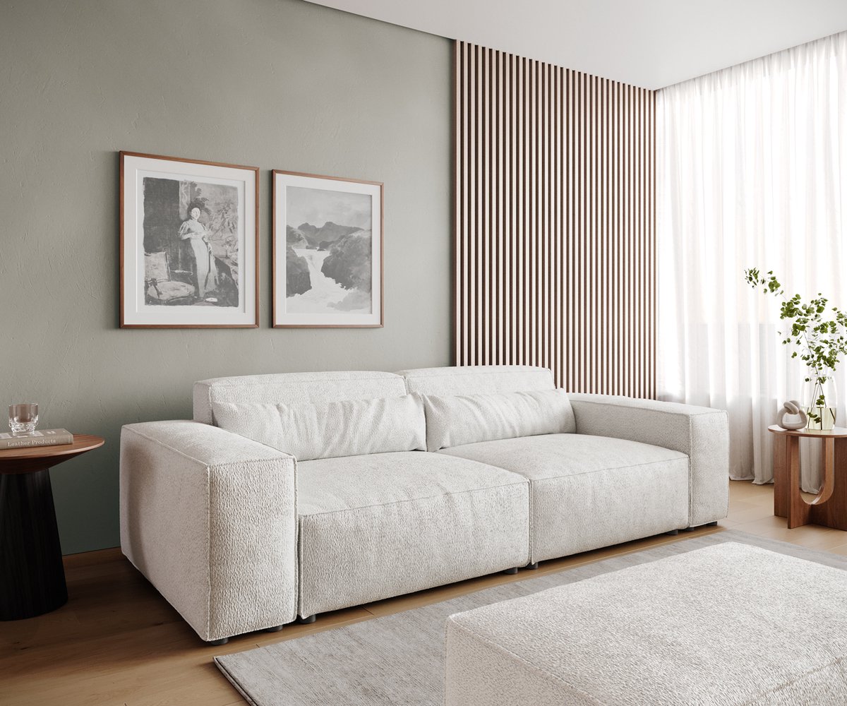 DELIFE Big-Sofa Sirpio 230x95 cm bouclee crème-witte met kruk Creme-weiß