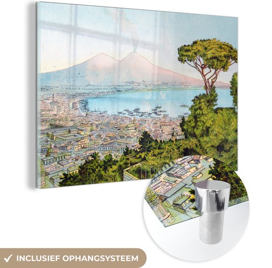 MuchoWow® Glasschilderij 120x80 cm - Schilderij acrylglas - Illustratie van een kleurrijke luchtfoto van Napoli - Foto op glas - Schilderijen