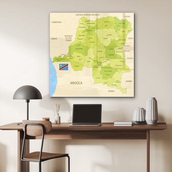 Peinture sur Verre - Dessin du Congo-Kinshasa sur une Carte Verte - 90x90 cm - Peintures sur Verre Peintures - Photo sur Glas