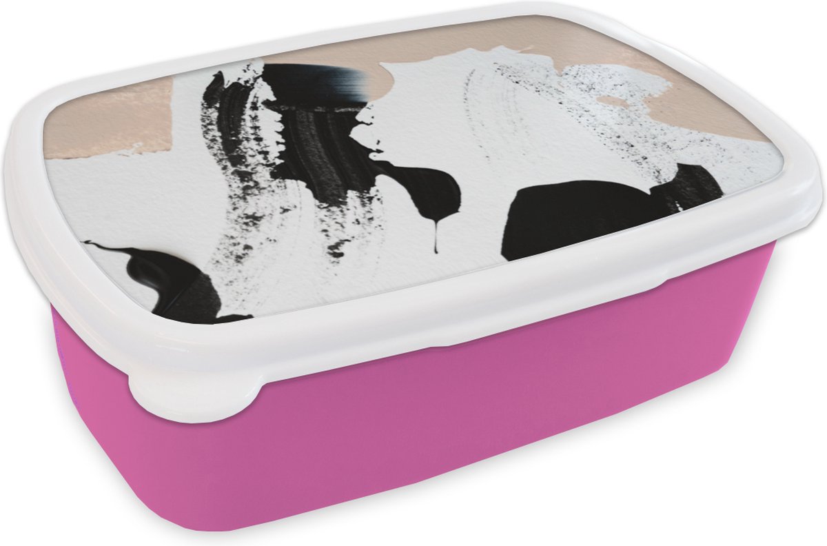 Broodtrommel Roze - Lunchbox - Brooddoos - Zwart - Abstract - Design - 18x12x6 cm - Kinderen - Meisje