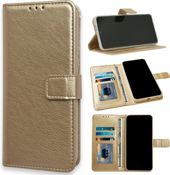 Portefeuille doré pour téléphone ouvert, avec le téléphone à l'intérieur. Également des détails du porte-cartes et des fentes pour billets.