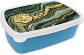 Broodtrommel Blauw - Lunchbox - Brooddoos - Marmer - Goud - Glitter - Groen - Marmerlook - Luxe - 18x12x6 cm - Kinderen - Jongen