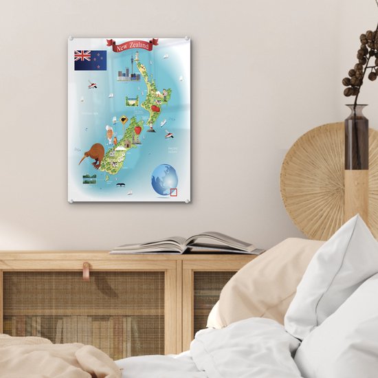 la carte de la Nouvelle-Zélande en plexiglas style cartoon 30x40 cm - Tirage photo sur Glas (Décoration murale en plexiglas) / Mer et Plage