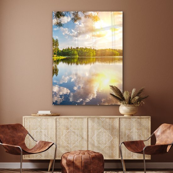 MuchoWow® Glasschilderij 90x120 cm - Schilderij acrylglas - Bomen - Water - Zon - Foto op glas - Schilderijen