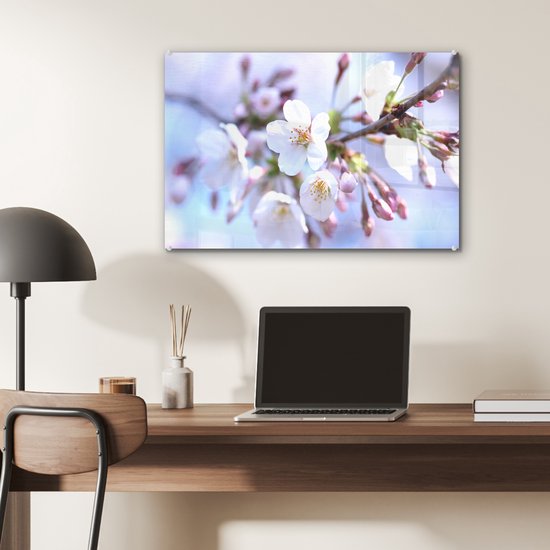 MuchoWow® Peinture sur verre 60x40 cm - Peinture sur verre acrylique - Fleurs - Sakura - Branche - Branches fleuries - Photo sur verre - Peintures