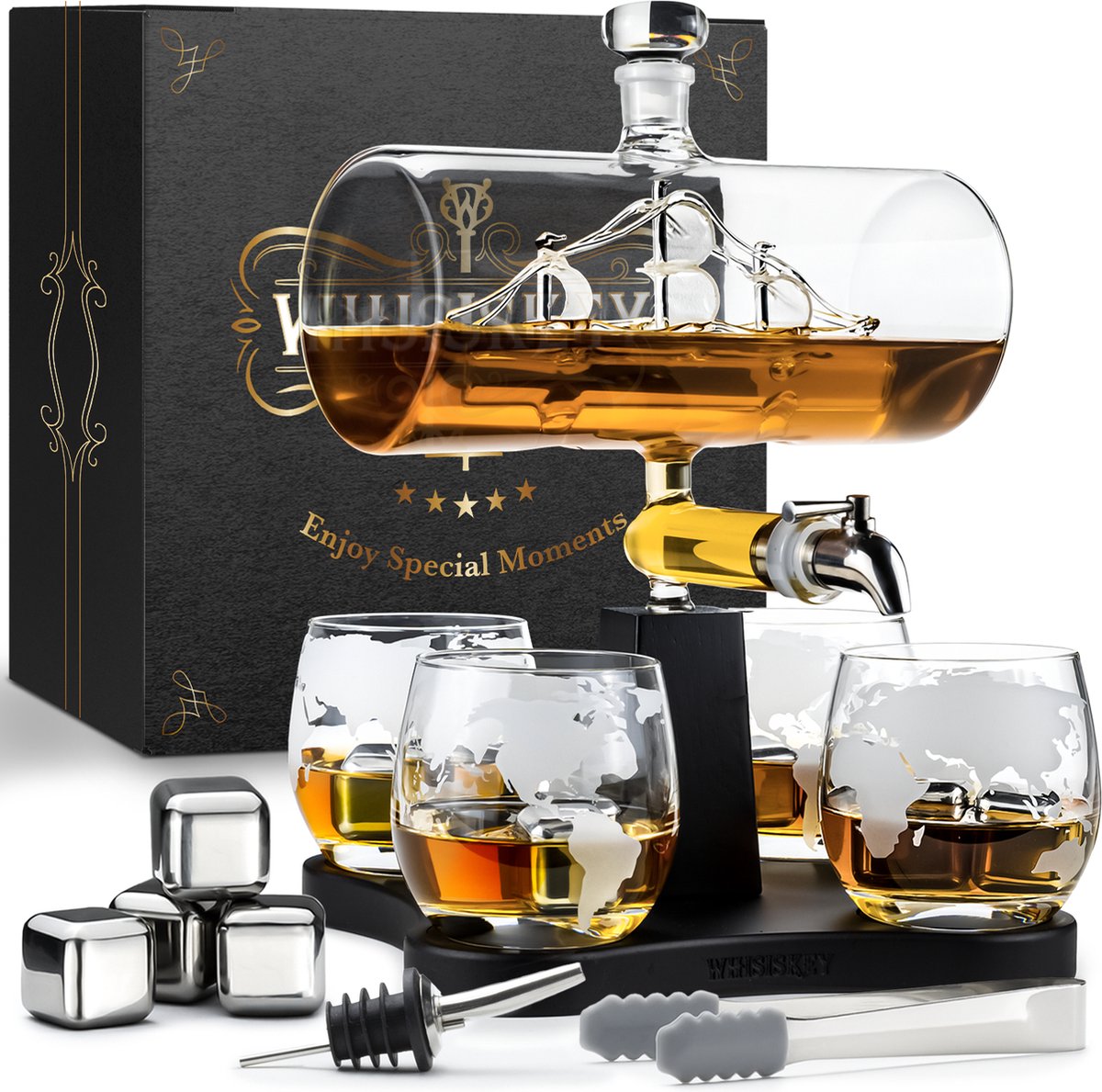 Whisiskey Whiskey Karaf - Luxe Whisky Karaf Set Zeilschip - 1L - Decanteer Karaf - Zeilboot - Whiskey Set - Incl. 4 Whiskey Stones, Schenktuit, tap & 4 Whiskey Glazen - Peaky Blinders