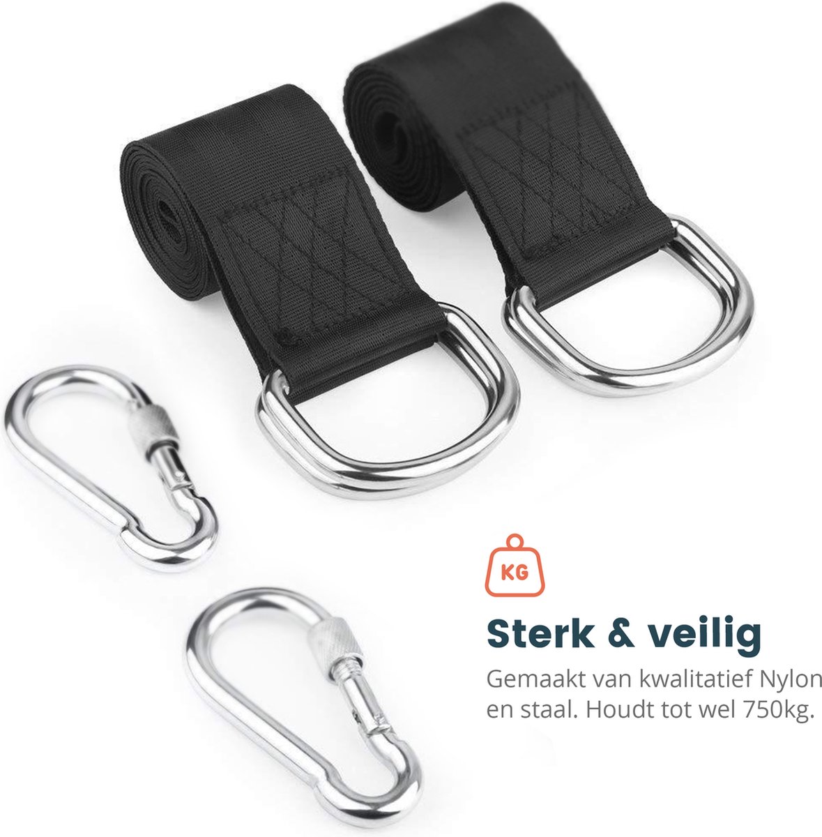 Ophangsysteem voor Hangmat/Schommel/Nestschommel - Hangmat Ophangen - Hangmat Ophangsysteem - Hangmat Bevestigingsset - Ophangset - Schommelbevestiging - Inclusief Haken - Karabijnhaak - 150cm - set van 2 stuks - Zwart - Tot 700 kg — afbeelding 4