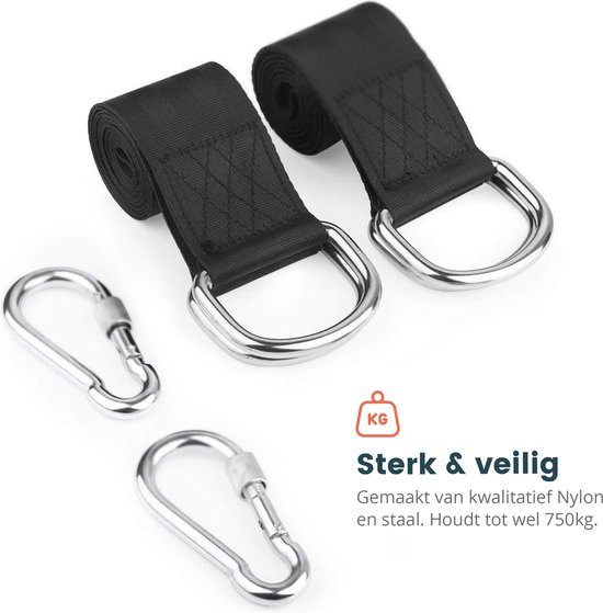 Ophangsysteem voor Hangmat/Schommel/Nestschommel - Hangmat Ophangen - Hangmat Ophangsysteem - Hangmat Bevestigingsset - Ophangset - Schommelbevestiging - Inclusief Haken - Karabijnhaak - 150cm - set van 2 stuks - Zwart - Tot 700 kg