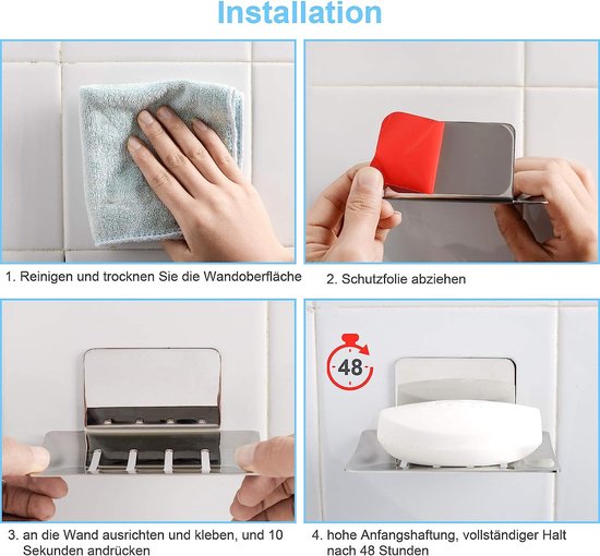 Zeepbakje zonder boren, roestvrijstalen zeephouder, zelfklevende douchezeephouder, wandmontage zeepmand, houder voor badkamer, keuken, sponzen, borstels, zeep (zwart, 1 stuks