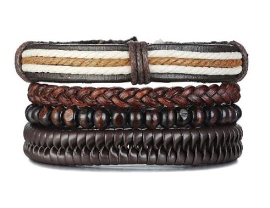 Sorprese armband - Vintage - armband heren - leer - bruin - 4 snoeren - verstelbaar - cadeau - Model L